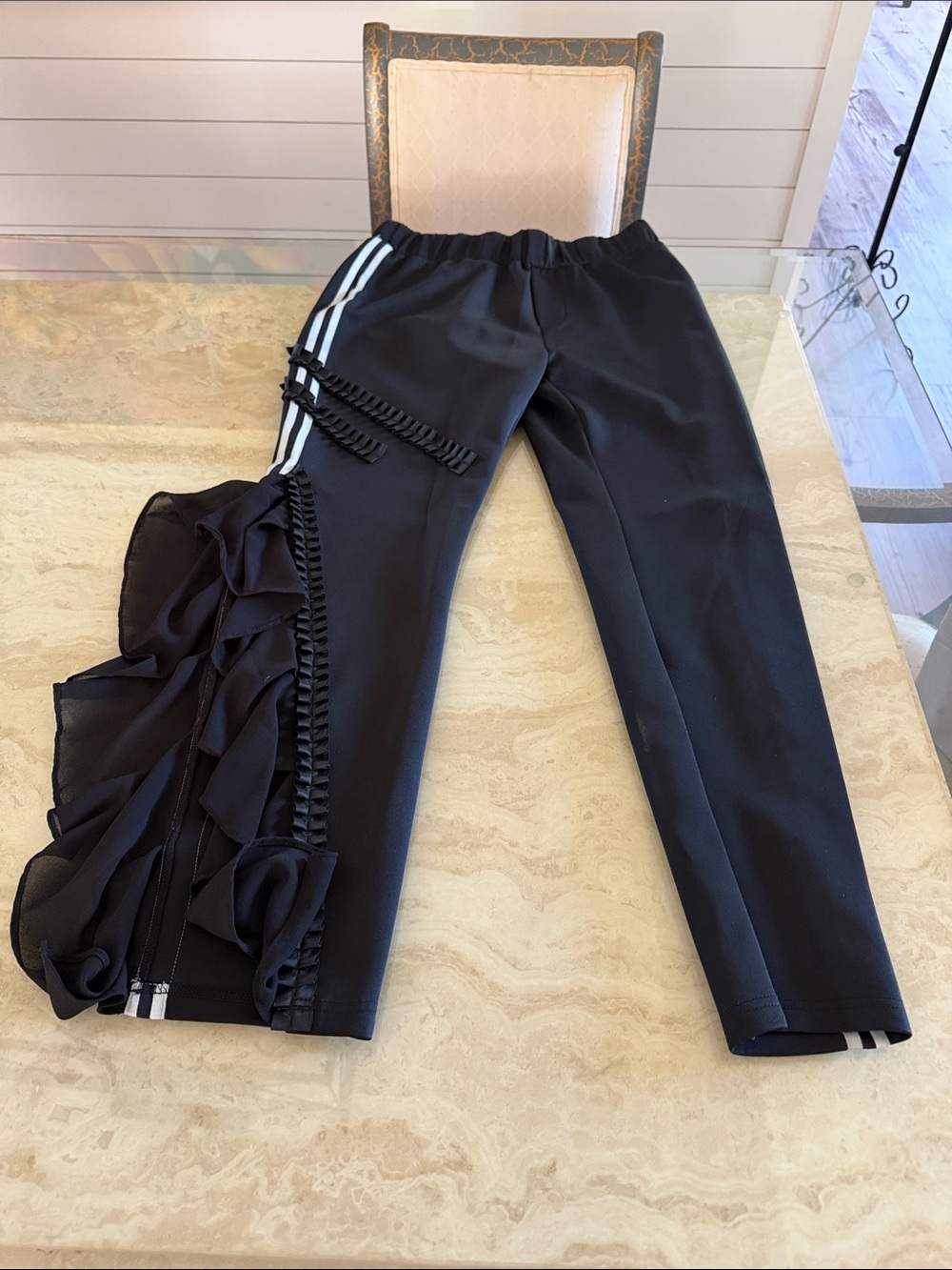 Black Ruffle-Trim women’s pants with Side Stripe